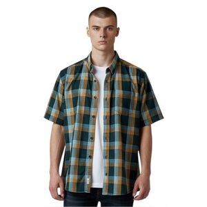 prAna Ecto Plaid Short Sleeve Shirt - Organic Cotton - Teal/Gold - Size Large